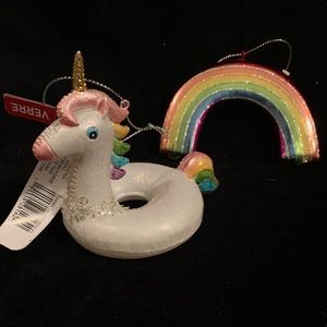 Blown Glass Unicorn Floatie & Rainbow Ornaments.